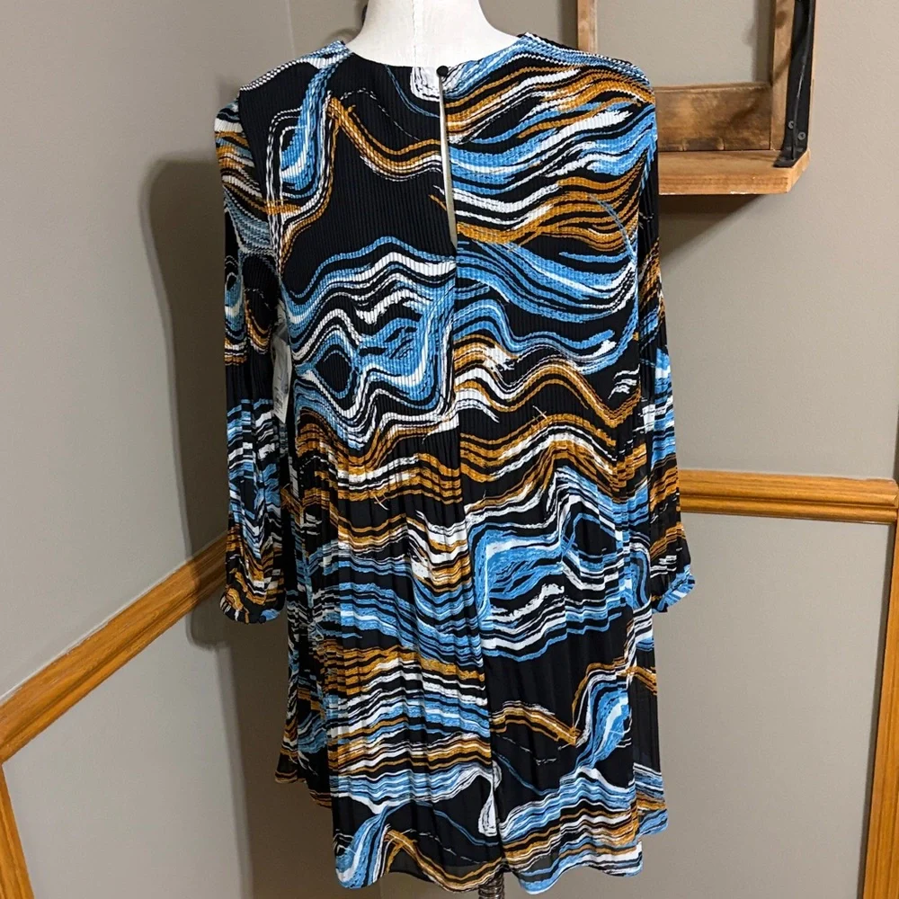 Nine West black, blue, & brown Abstract Wave Pattern long sleeve dress size M